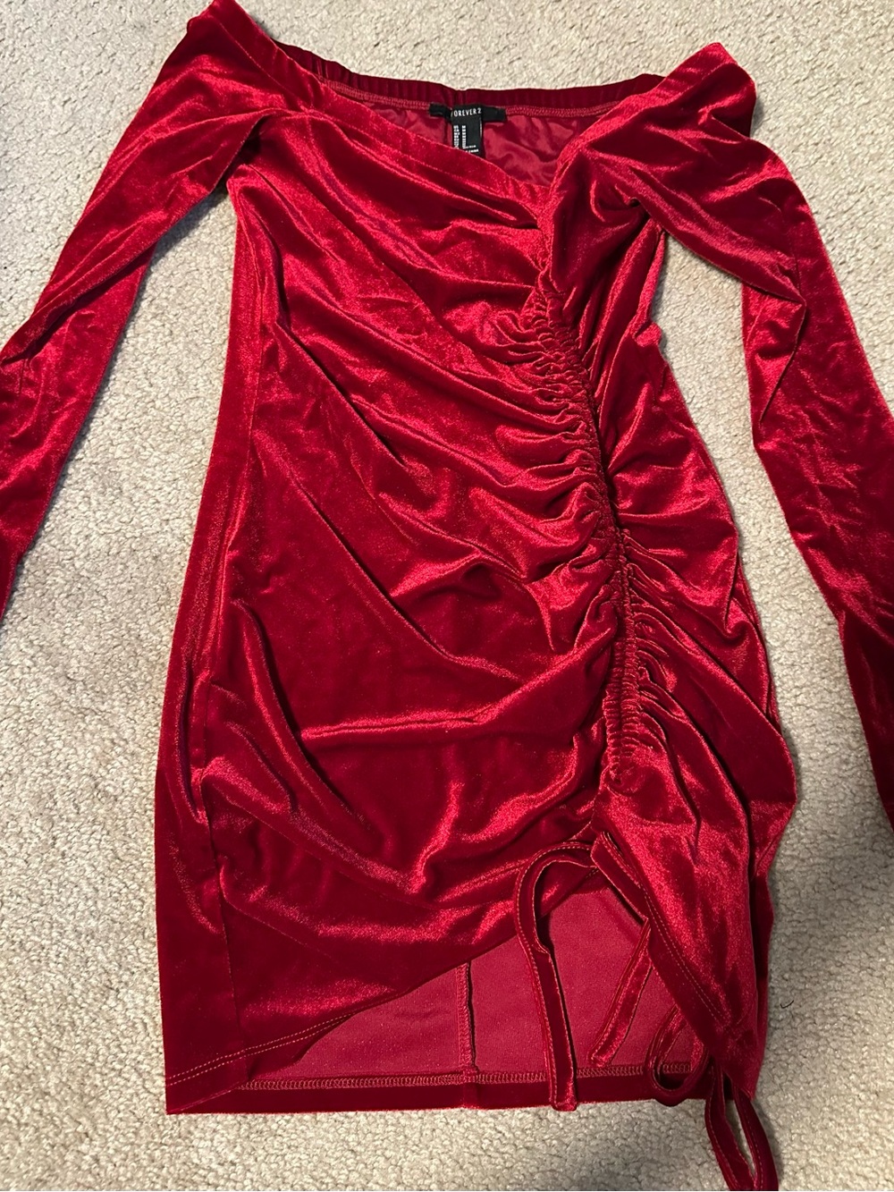 Forever 21 Red Velvet Off-Shoulder Ruched Long Sleeve Dress